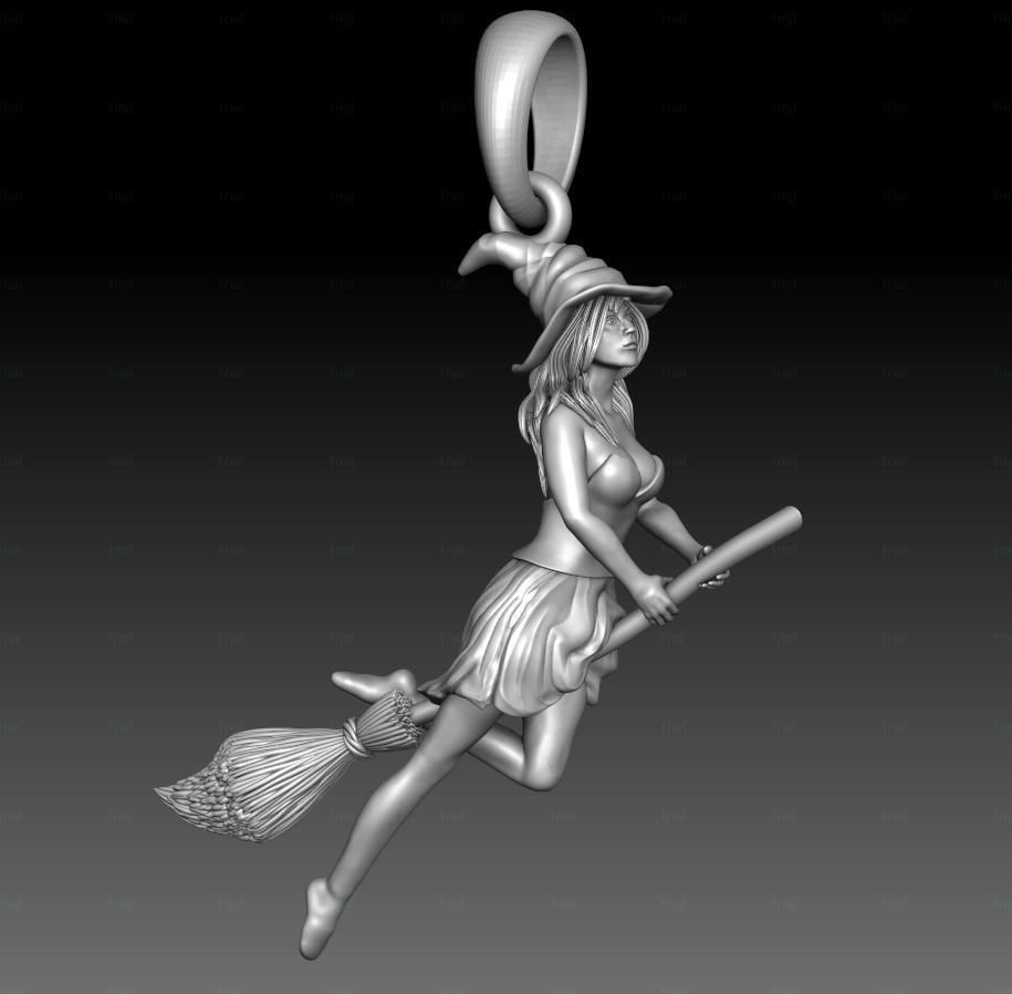 Magic Fly Woman on Broom Witch in a Hat Pendant 3D print model_7