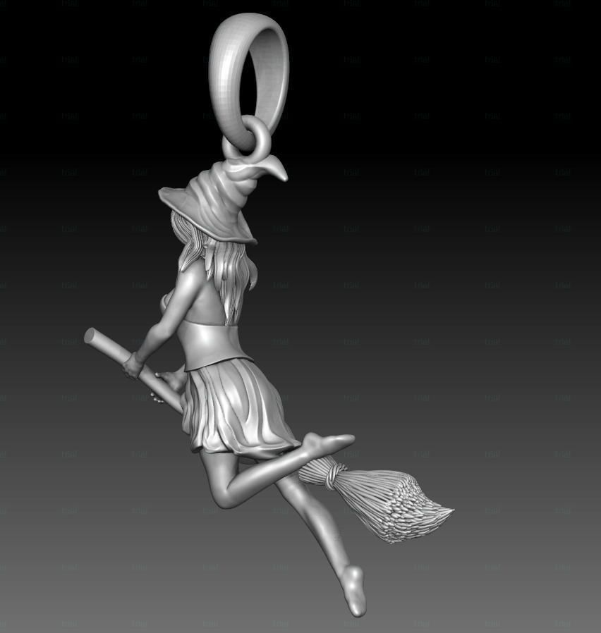 Magic Fly Woman on Broom Witch in a Hat Pendant 3D print model_6