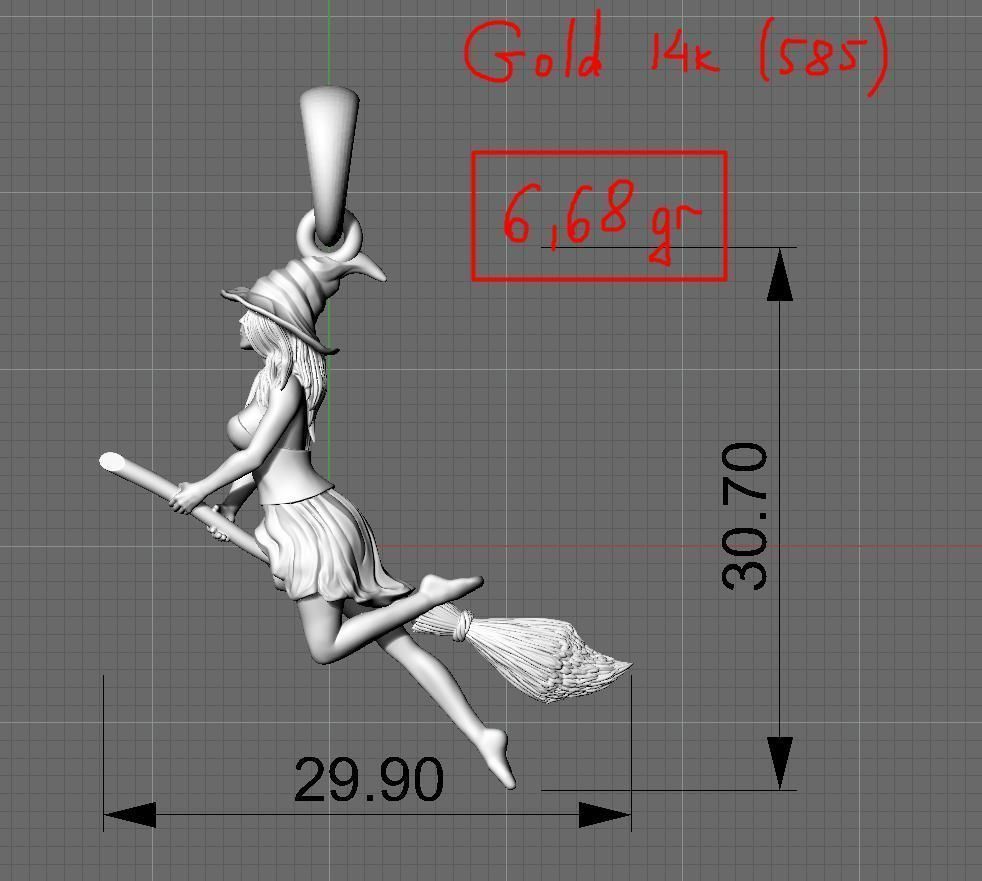 Magic Fly Woman on Broom Witch in a Hat Pendant 3D print model_3