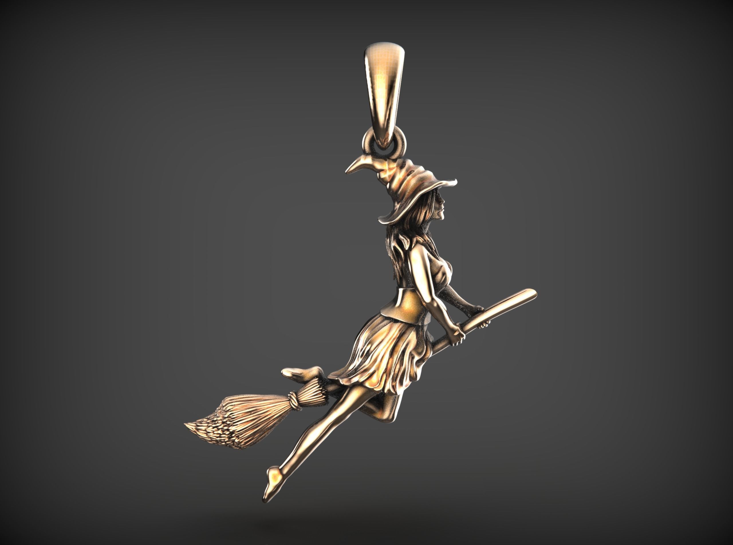 Magic Fly Woman on Broom Witch in a Hat Pendant 3D print model_2