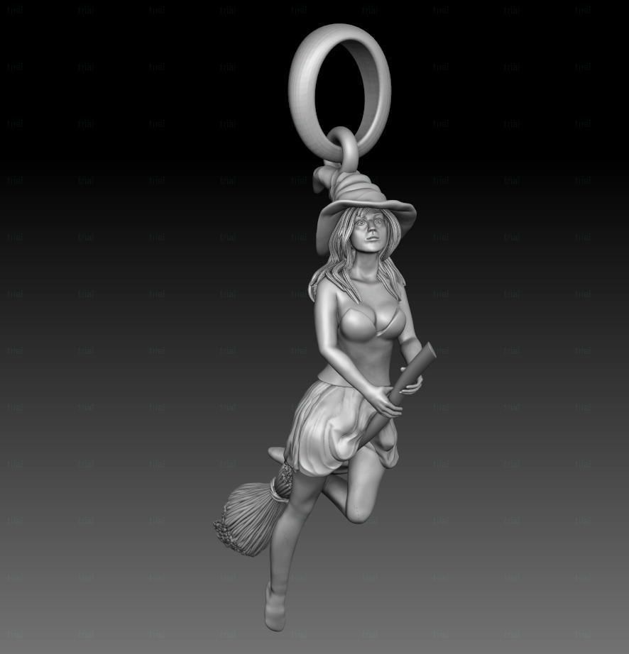 Magic Fly Woman on Broom Witch in a Hat Pendant 3D print model_8