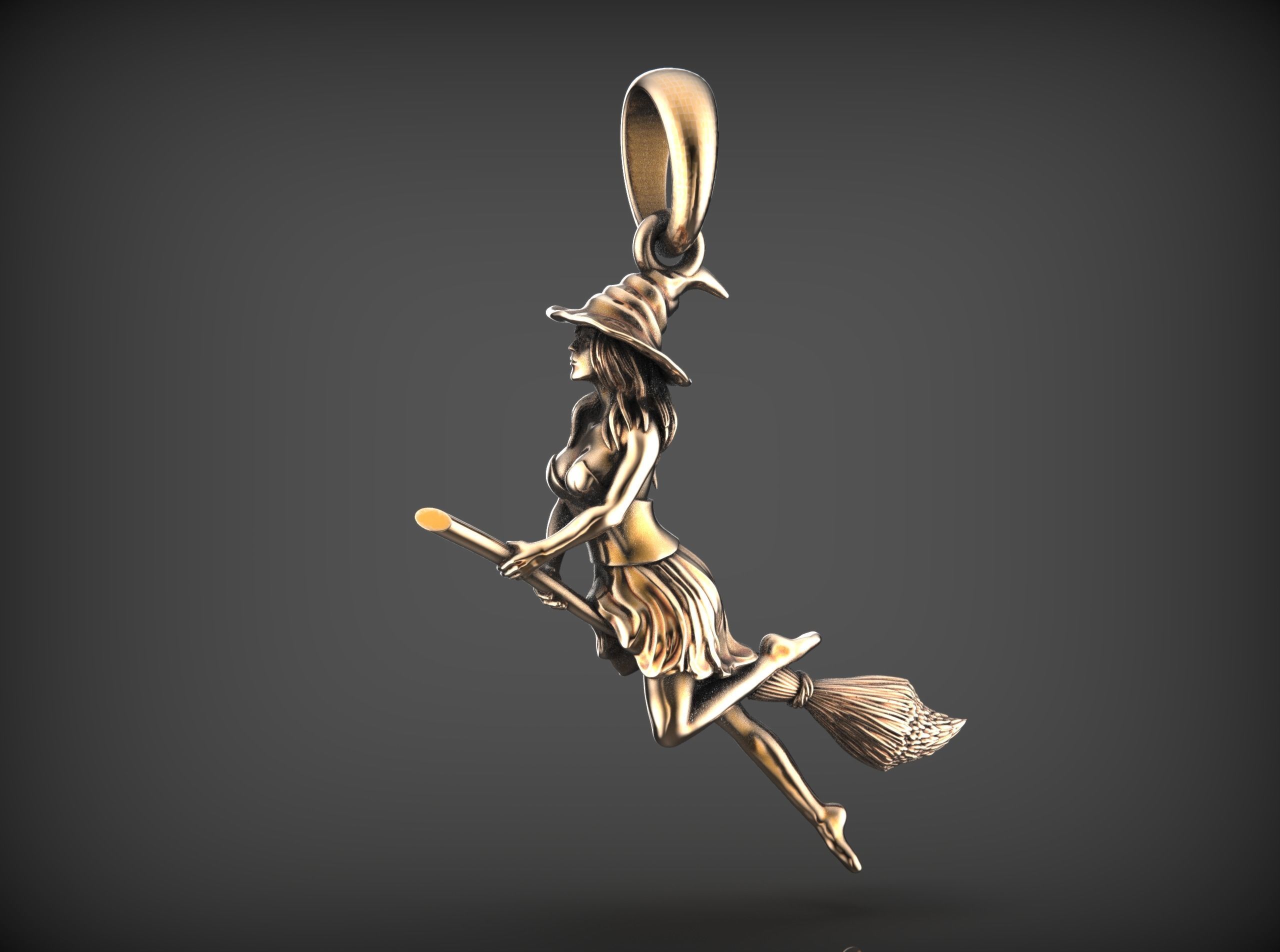 Magic Fly Woman on Broom Witch in a Hat Pendant 3D print model_1