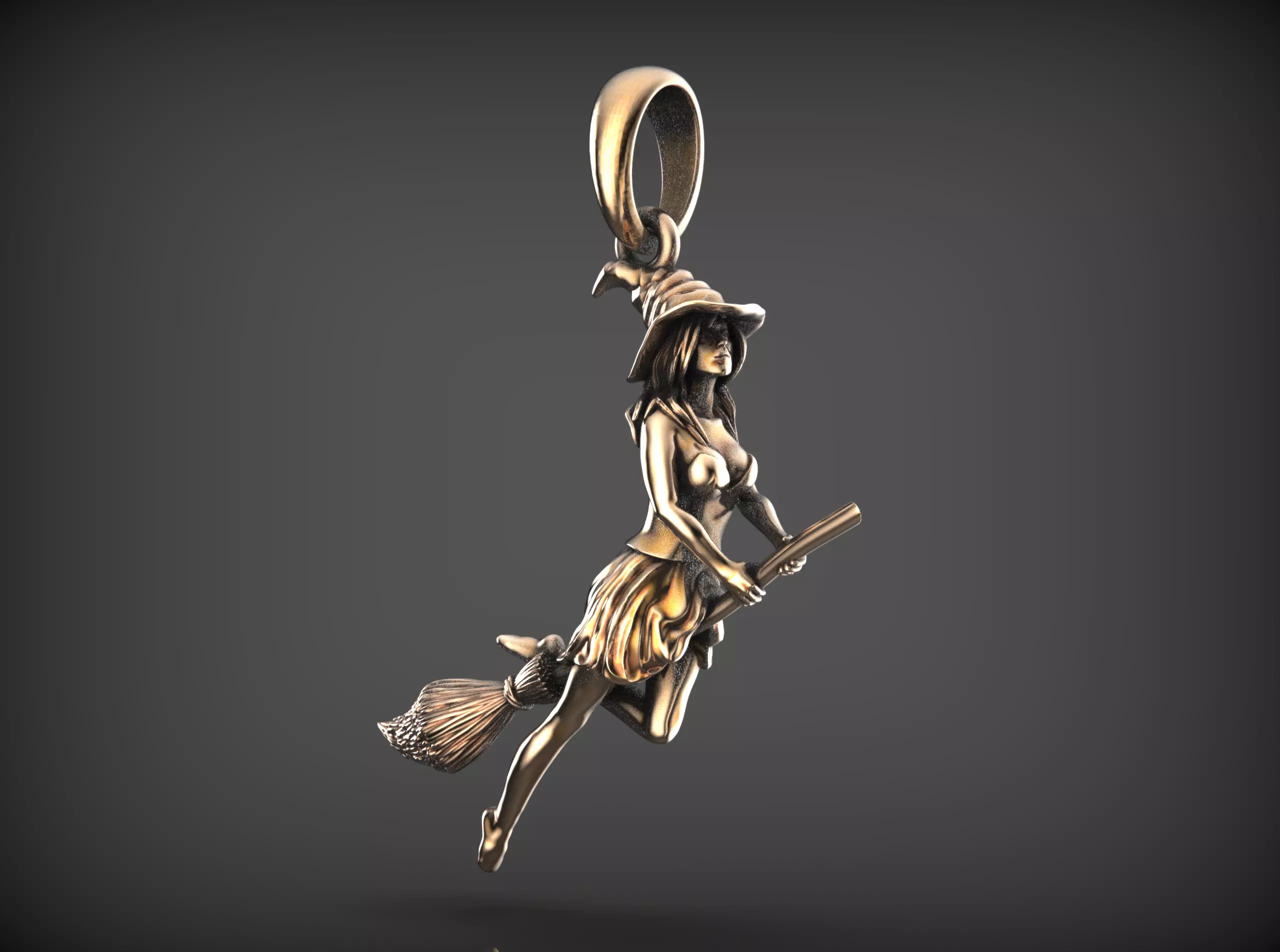 Magic Fly Woman on Broom Witch in a Hat Pendant 3D print model_0