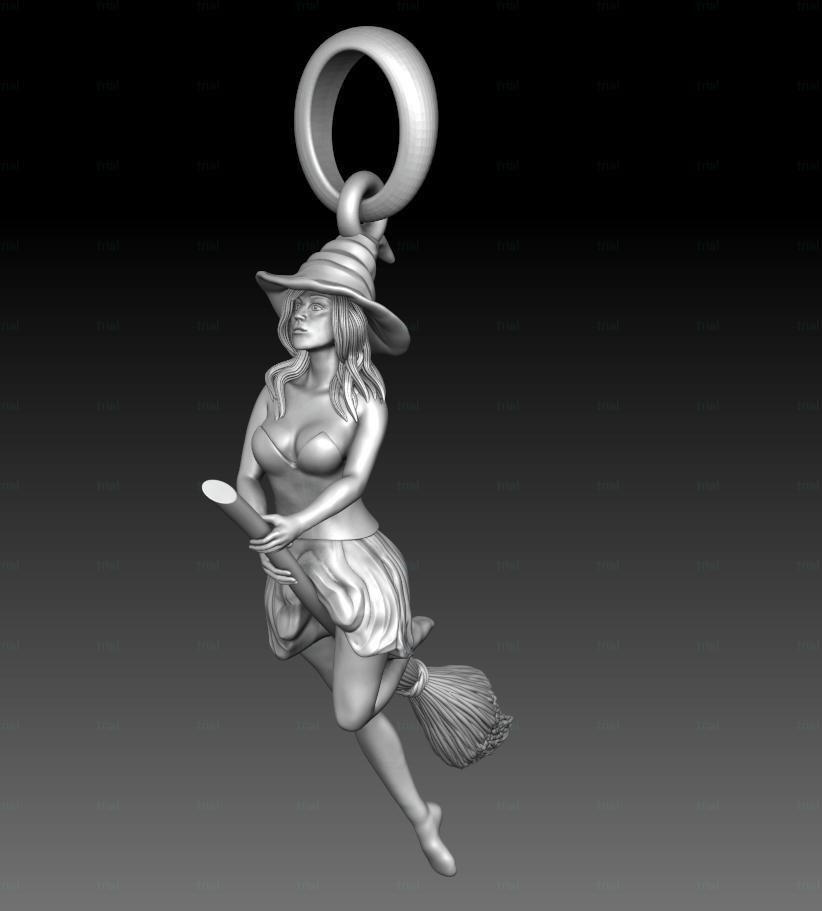 Magic Fly Woman on Broom Witch in a Hat Pendant 3D print model_9