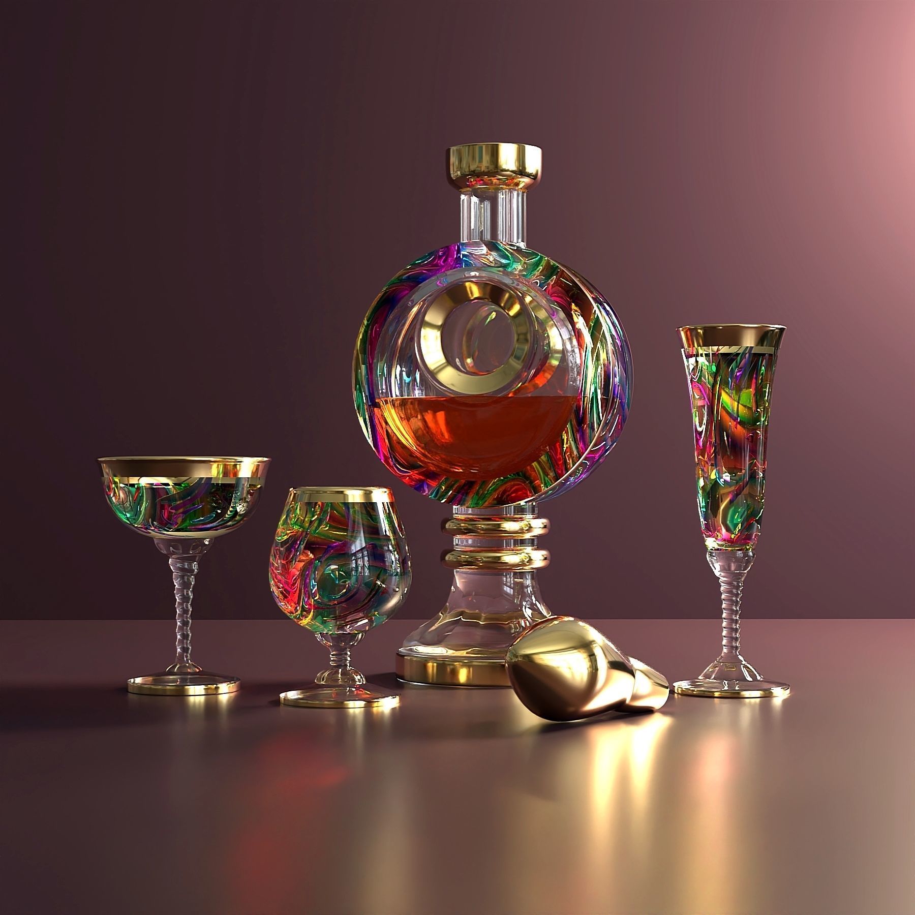 Colored glass decanter with glasses 3D model_1