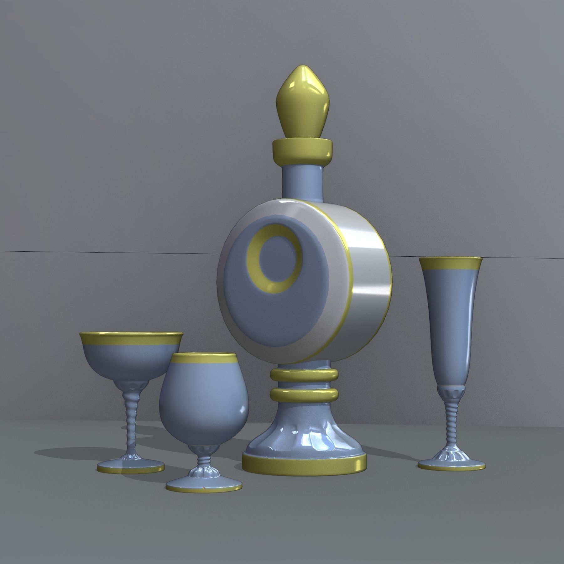 Colored glass decanter with glasses 3D model_4