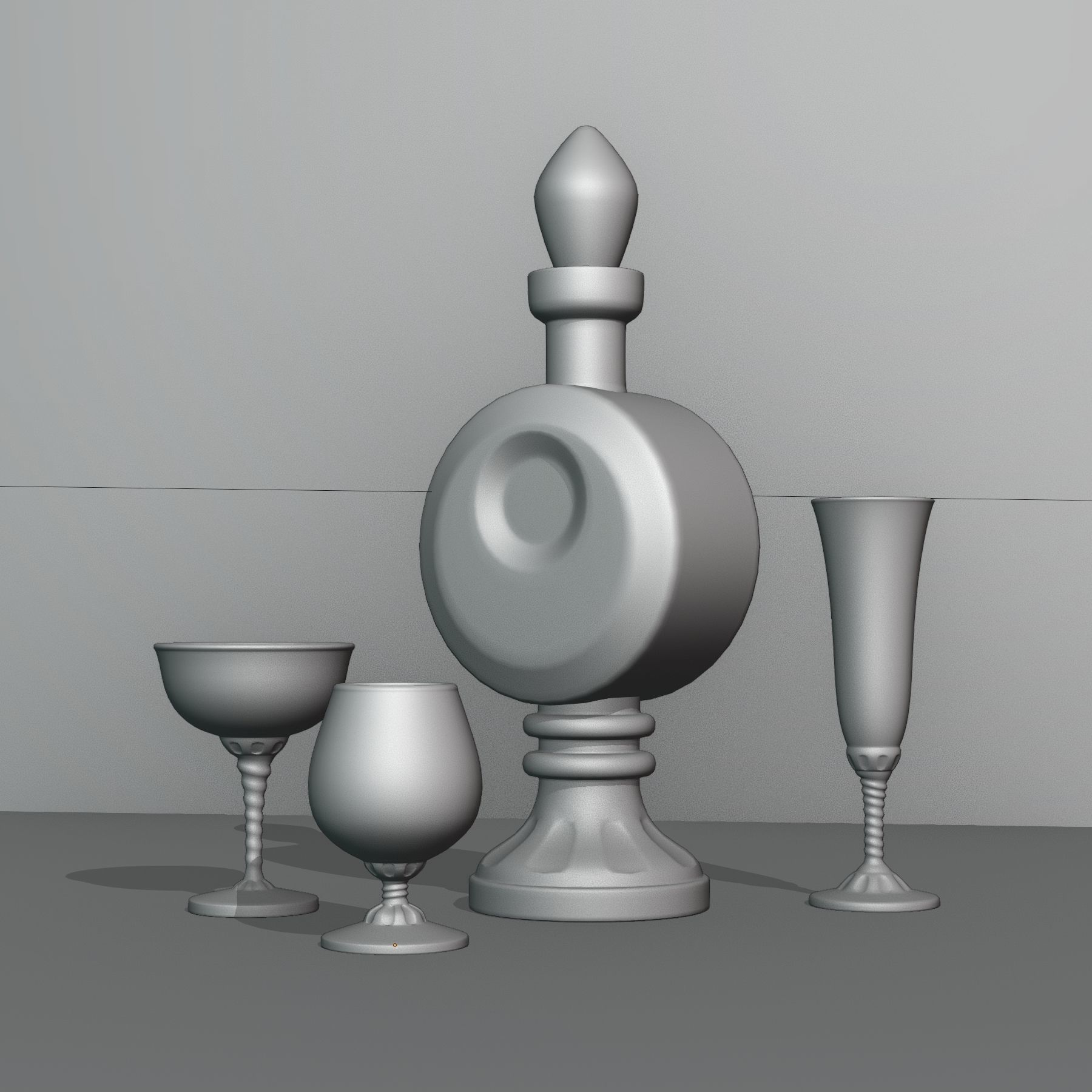 Colored glass decanter with glasses 3D model_3