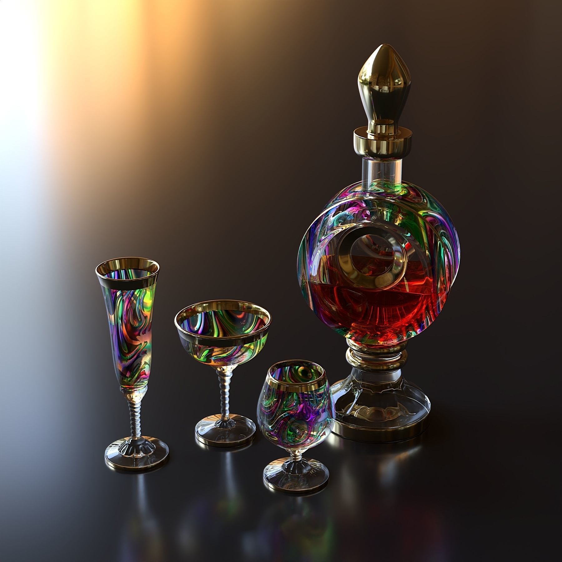 Colored glass decanter with glasses 3D model_2