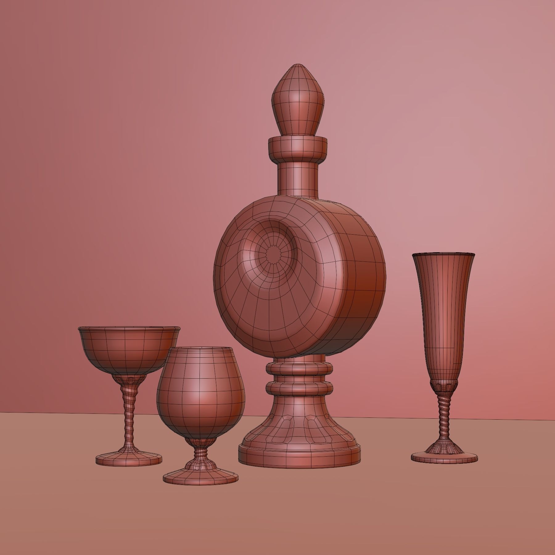 Colored glass decanter with glasses 3D model_5