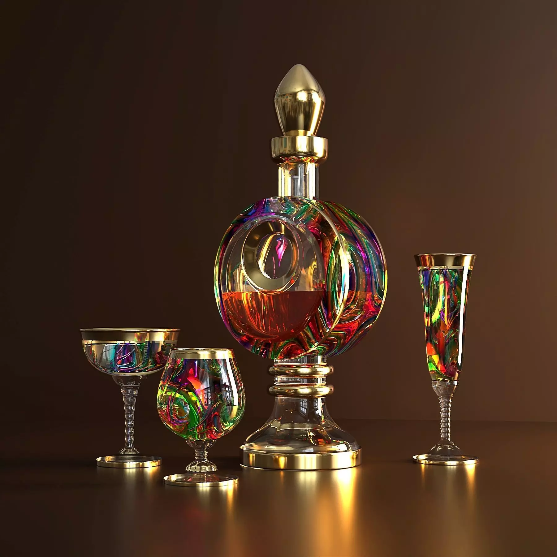 Colored glass decanter with glasses 3D model_0