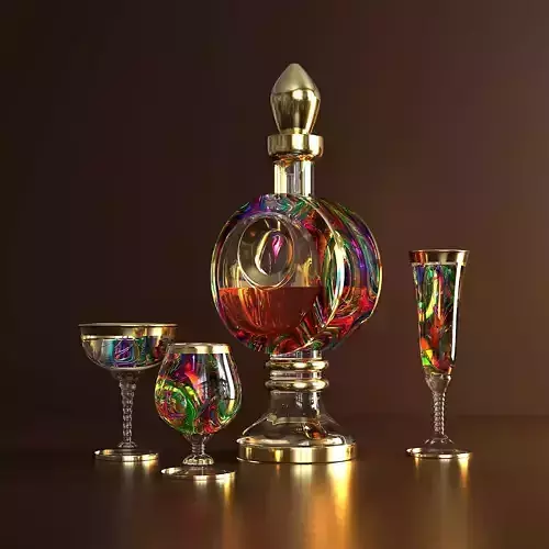 Colored glass decanter with glasses 3D model
