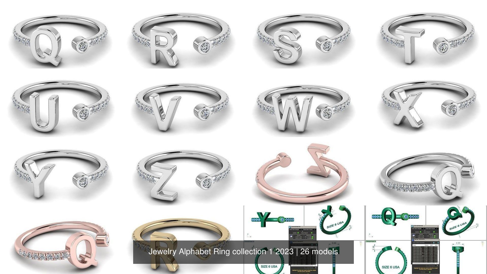 Alphabet Jewelry Rings 3D Model Collection_6