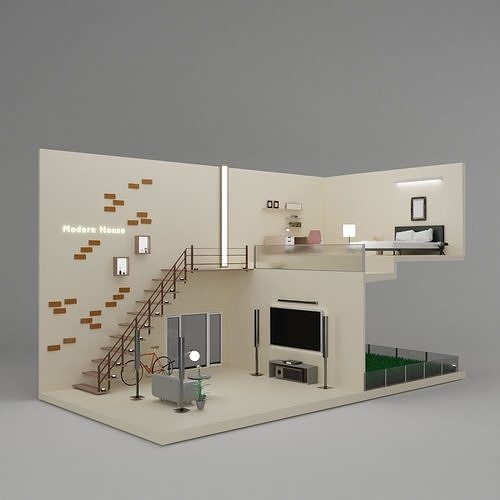Isometric Living room  open inside interior architecture  Low-poly 3D model