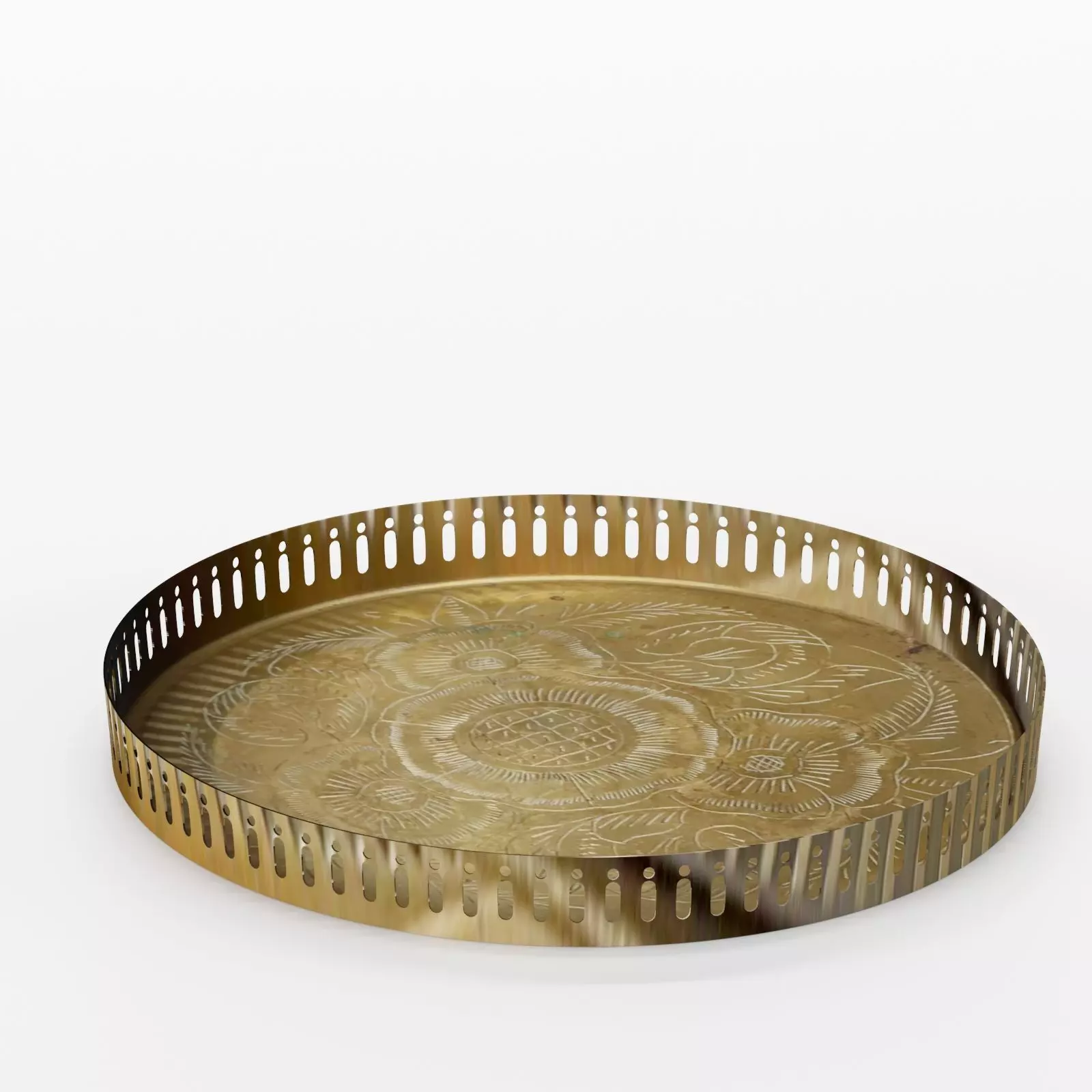 8 Brass Round Rose Etched Decorative Tray 3D model_0