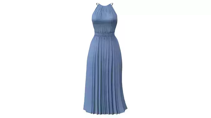 Tie Back Shirred Waist Pleated Hem Halter Dress