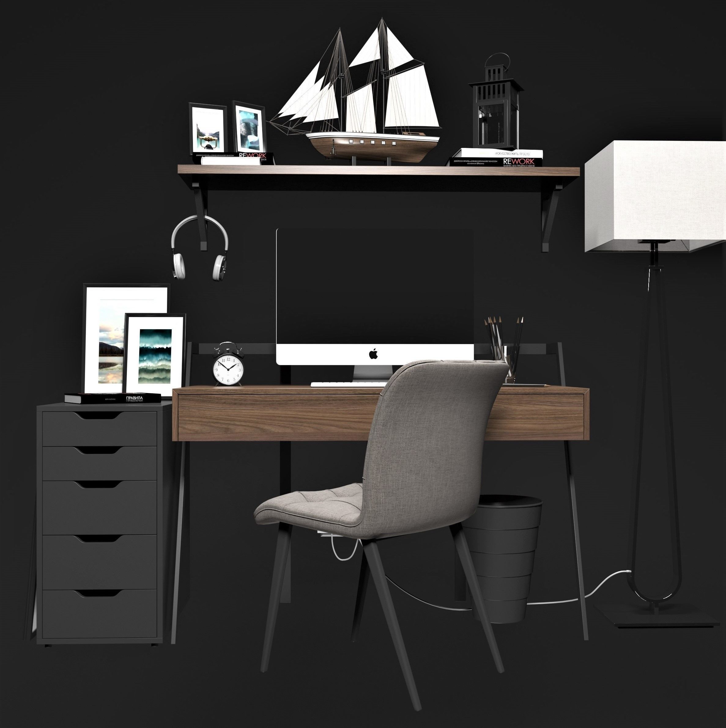 workplace computer desk with lamp and bookshelf 3D model_1