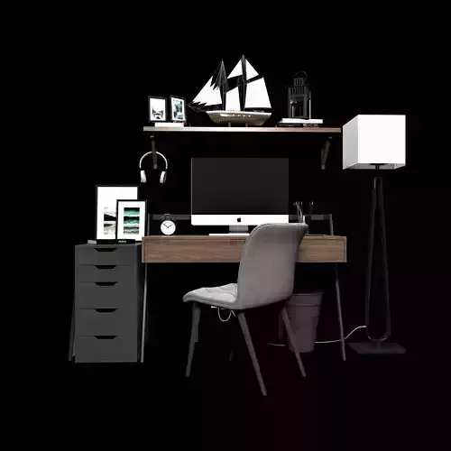 workplace computer desk with lamp and bookshelf