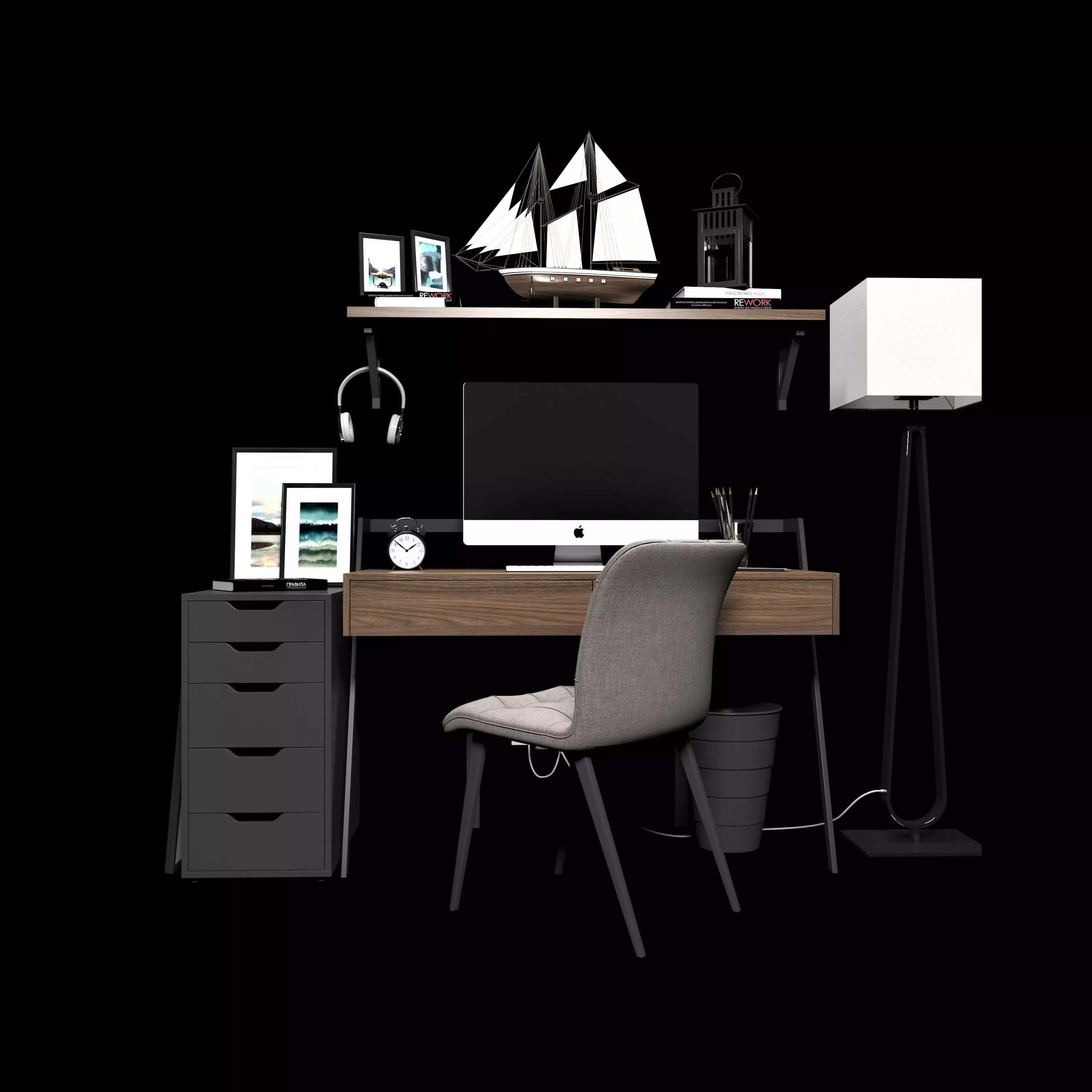 workplace computer desk with lamp and bookshelf 3D model_0