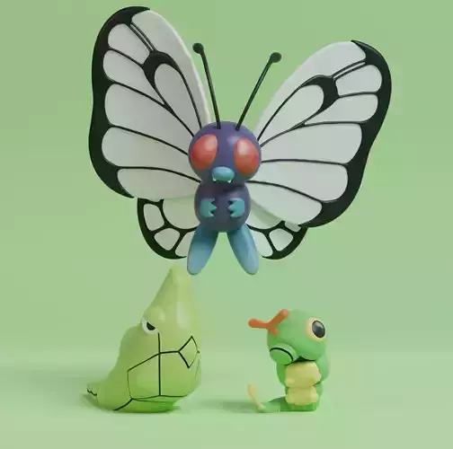 Pokemon - Caterpie Metapod and Butterfree with 2 poses 3D print model