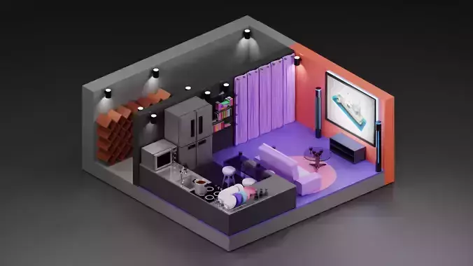 living room and kitchen room isometric 