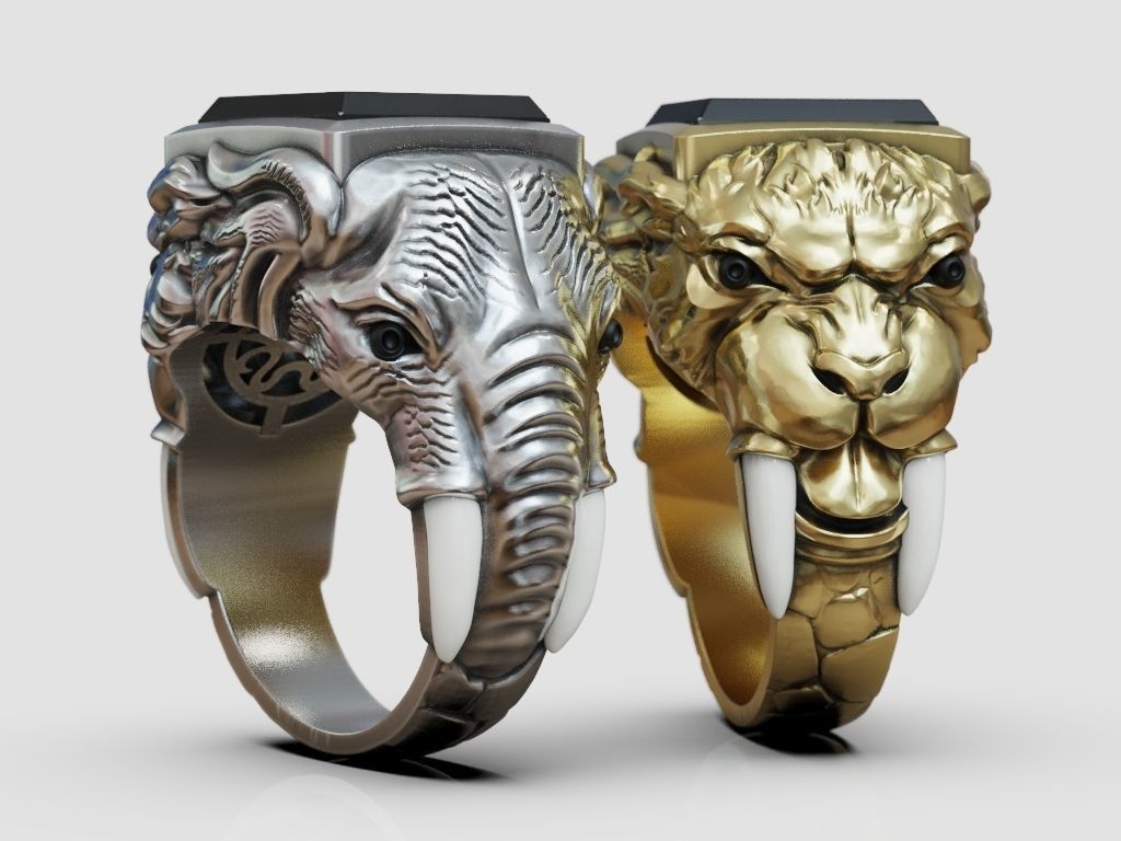Ring sabertooth tiger and elephant 3D print model_4