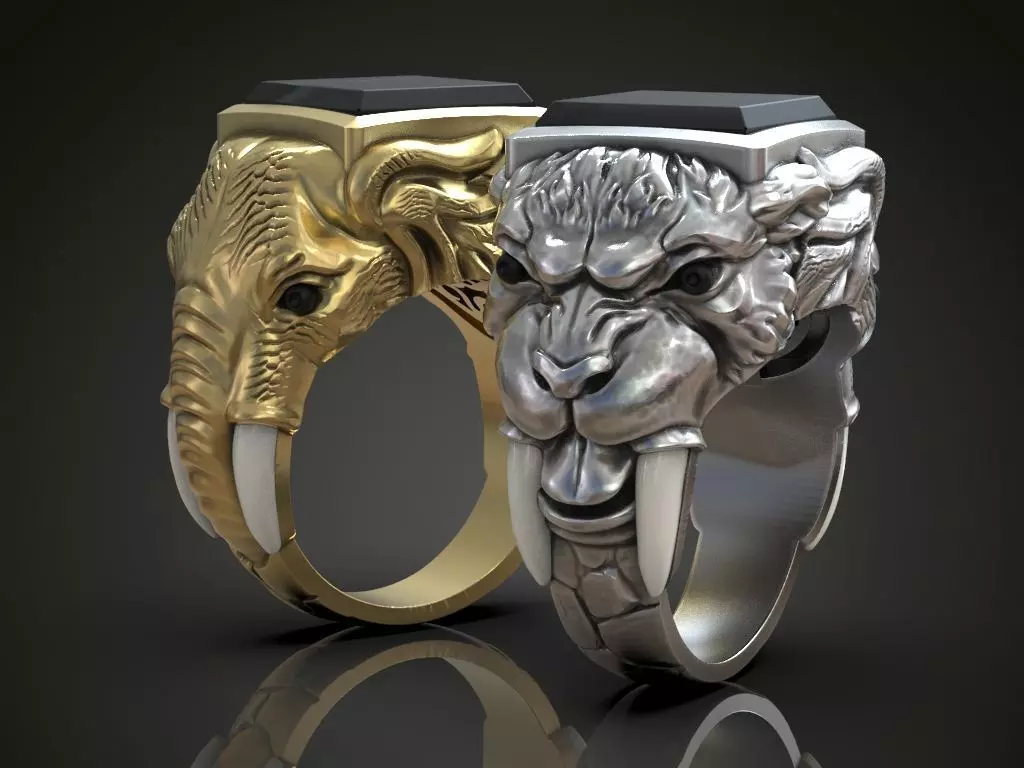 Ring sabertooth tiger and elephant 3D print model_0