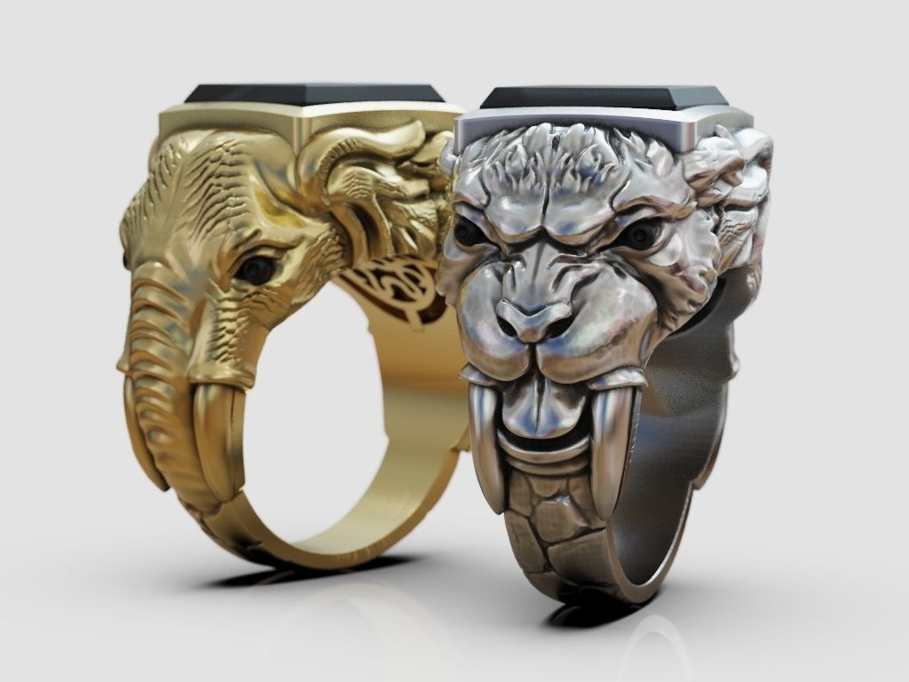Ring sabertooth tiger and elephant 3D print model_3