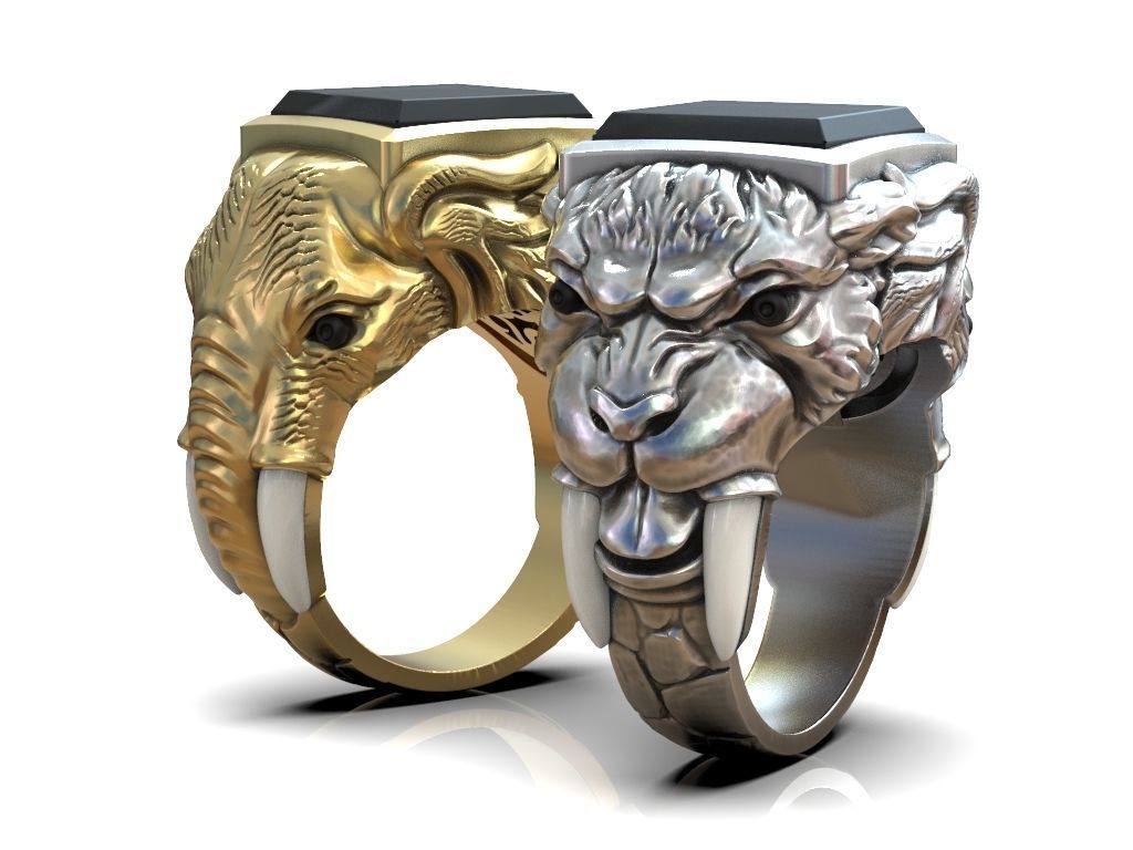 Ring sabertooth tiger and elephant 3D print model_2