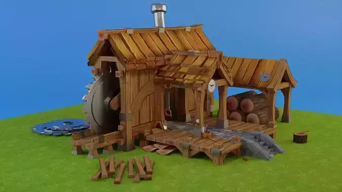 Low poly lumbermill wooden house