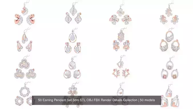 50 Earring Pendant Set 3dm STL OBJ FBX Render Details Collection