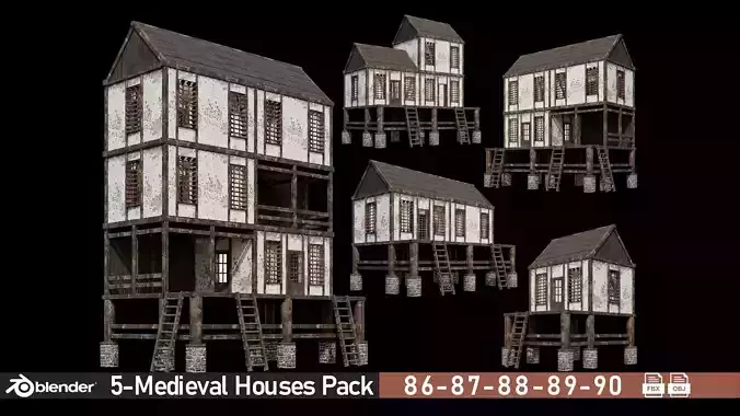 Medieval Houses Pack 86-87-88-89-90 - 4K Textures Game Ready Low-poly 3D model