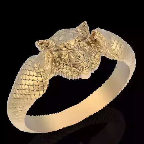 Wolf snake ring  gold printable jewelry 3D model