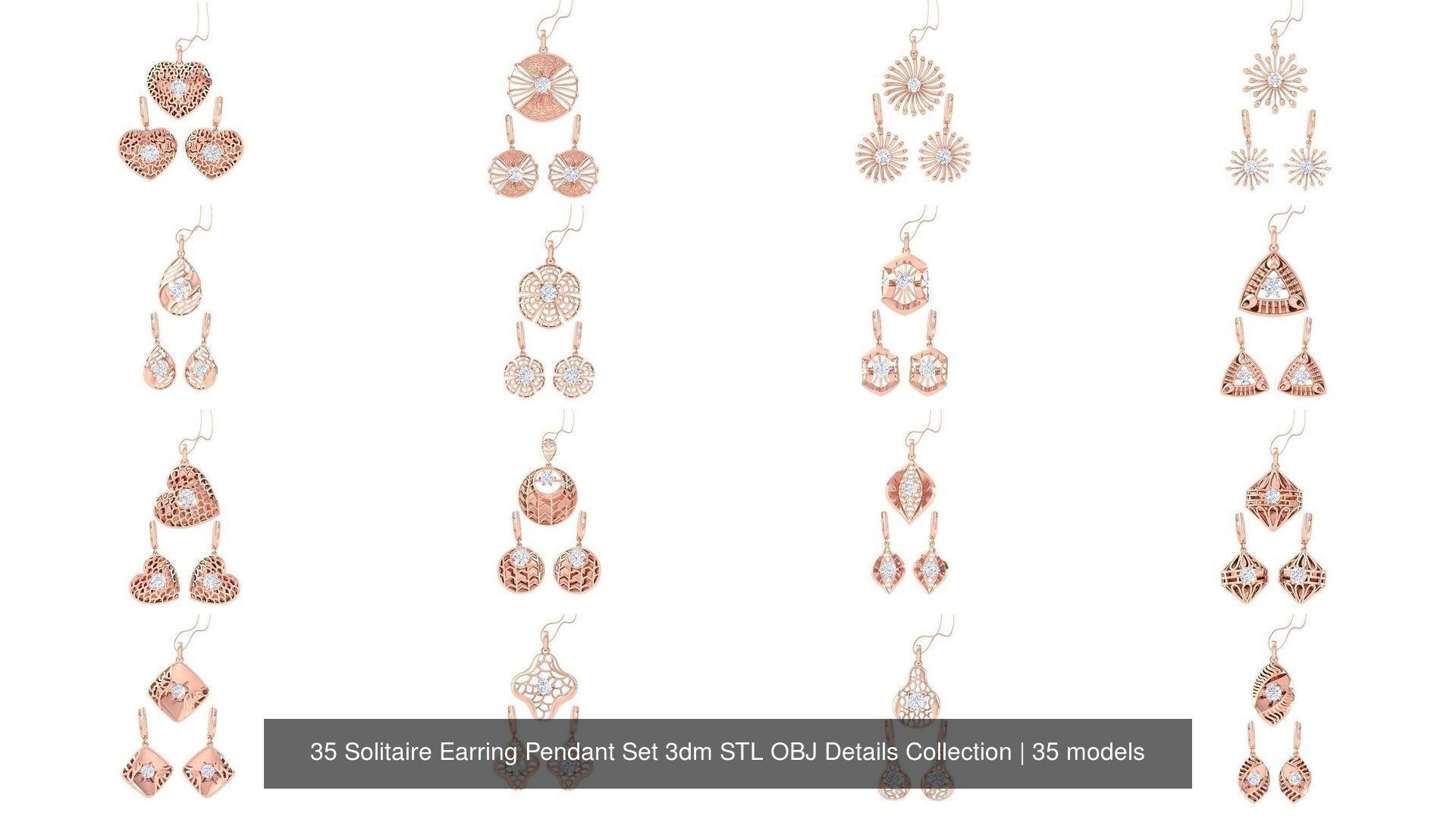 35 Solitaire Earring Pendant Set 3dm STL OBJ Details Collection _2