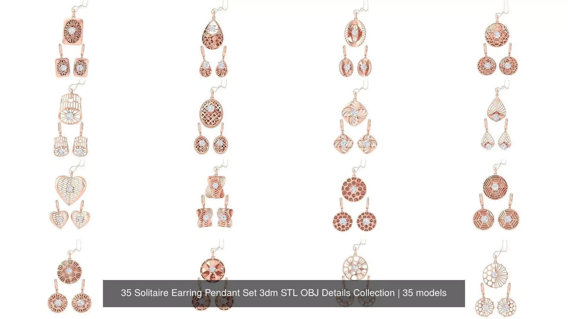 35 Solitaire Earring Pendant Set 3dm STL OBJ Details Collection _0
