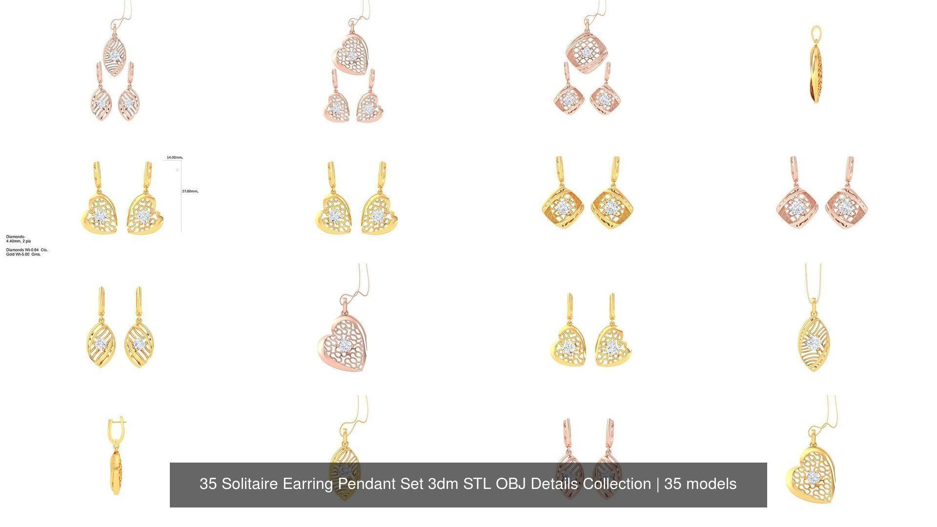 35 Solitaire Earring Pendant Set 3dm STL OBJ Details Collection _4