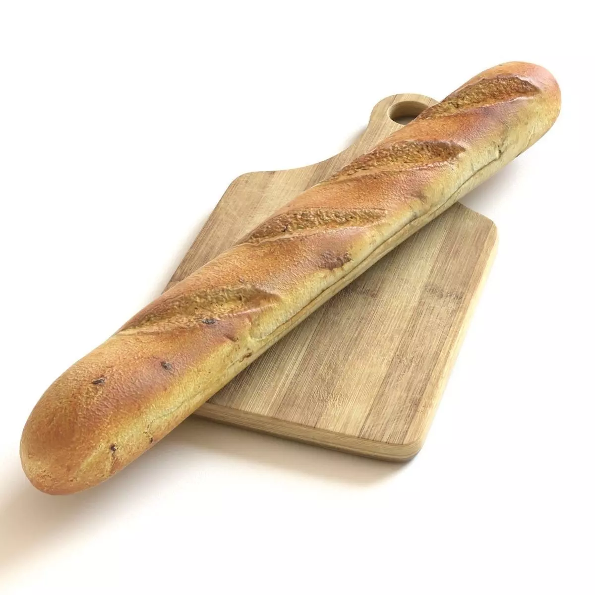 Baguette Lowpoly french bread on cutting board Low-poly 3D model_0