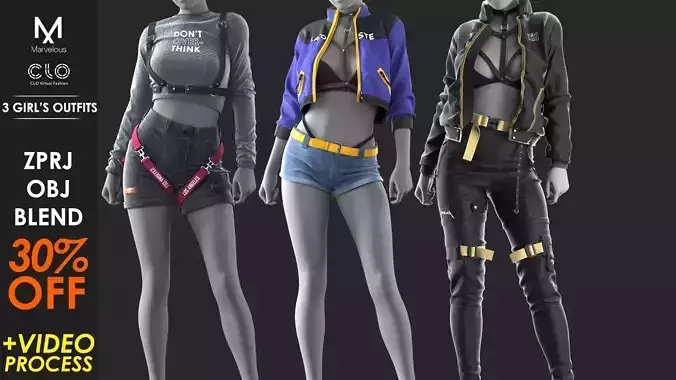 3 Outfits - Marvelous - CLO Project file - Video Process 3D Model Collection