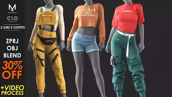 3 Outfits - Marvelous - CLO Project file - Video Process 3D Model Collection