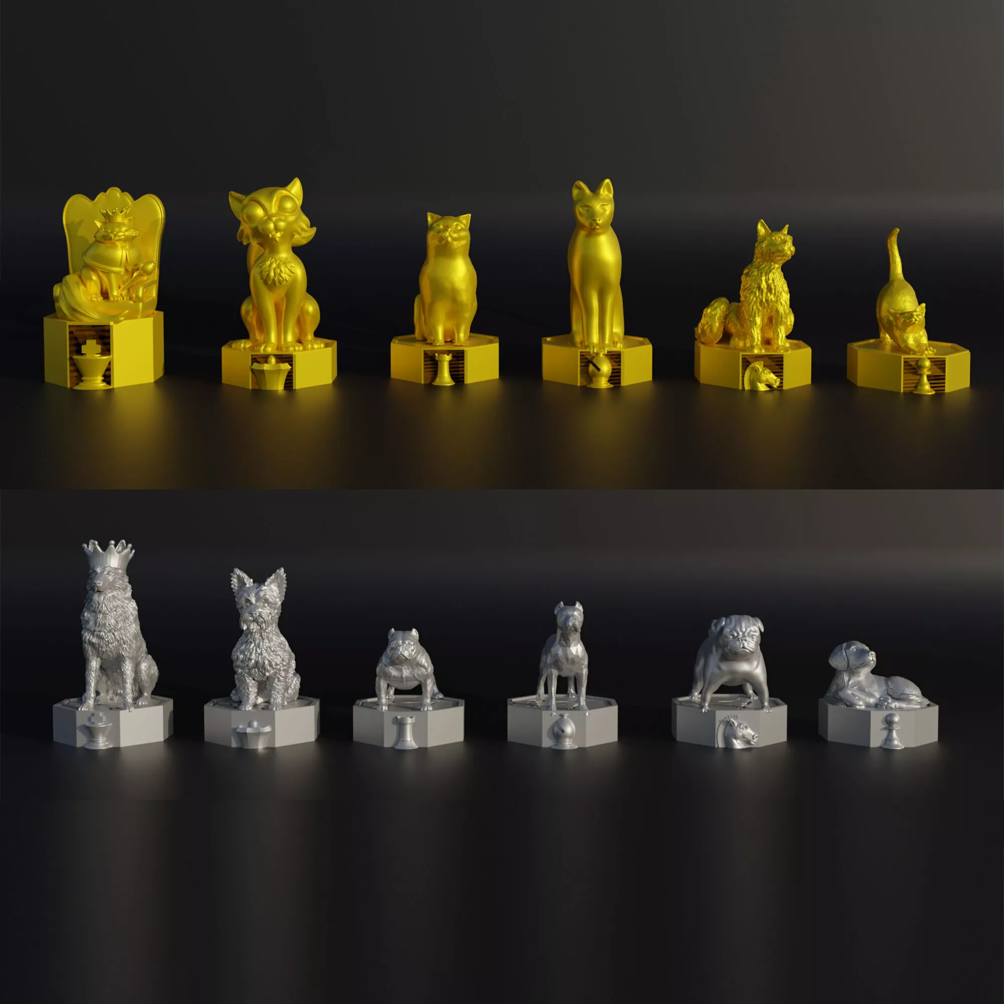 Animal Figure Chess Set - 12 Different Dog And Cat Character 3D print model