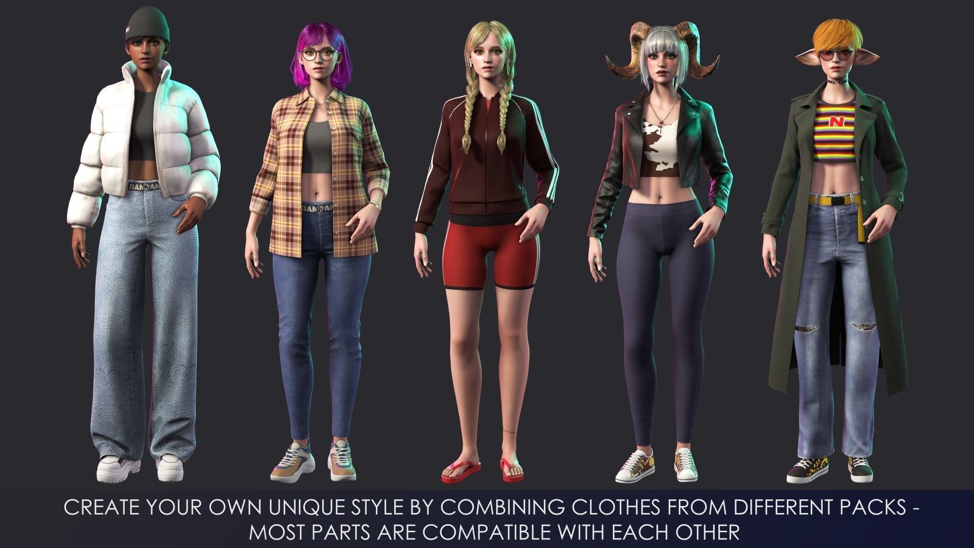 Casual Wear Girls Pack 3-Streetwear Realistic Stylized Character Low-poly 3D model_11