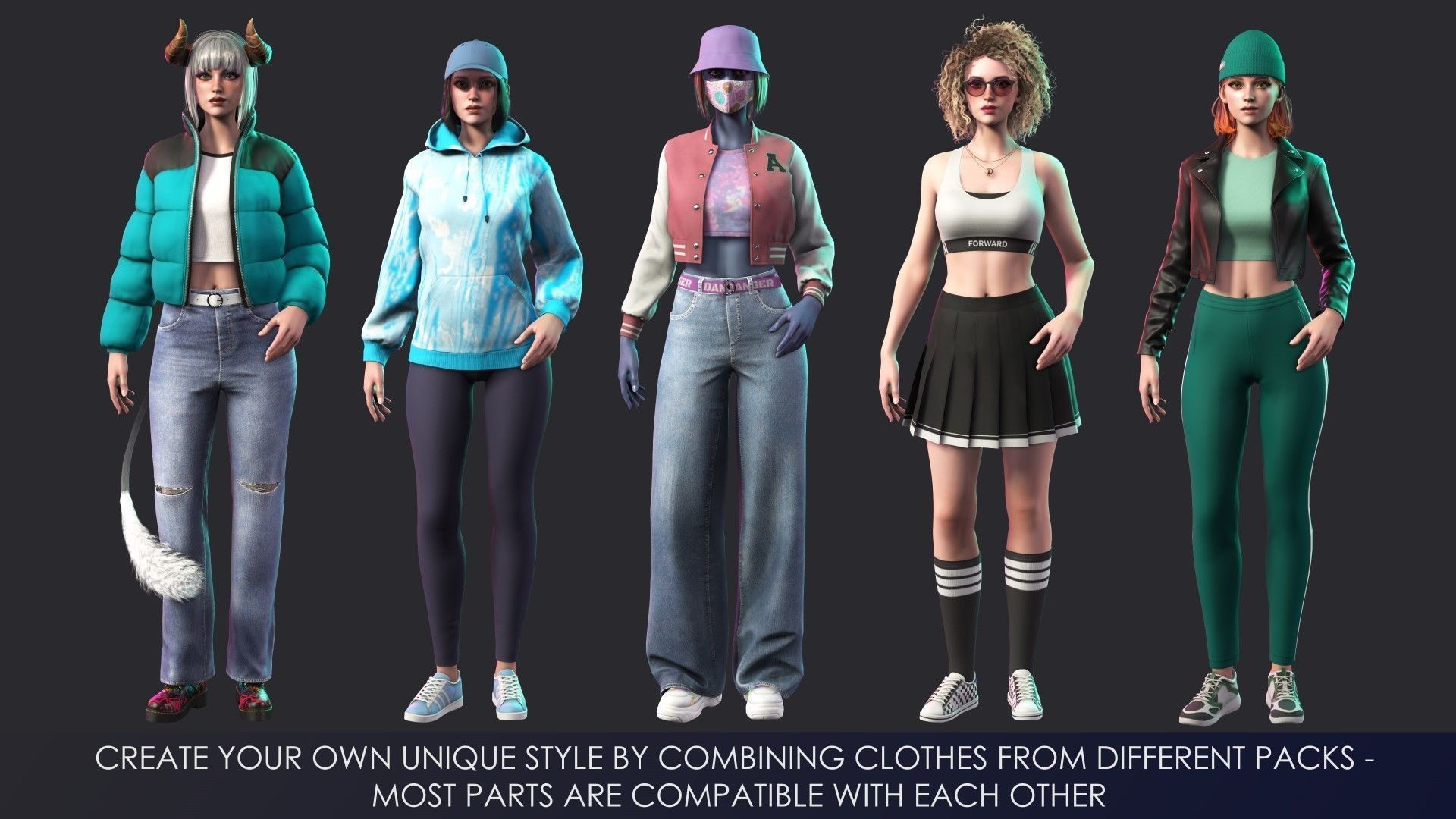 Casual Wear Girls Pack 3-Streetwear Realistic Stylized Character Low-poly 3D model_14
