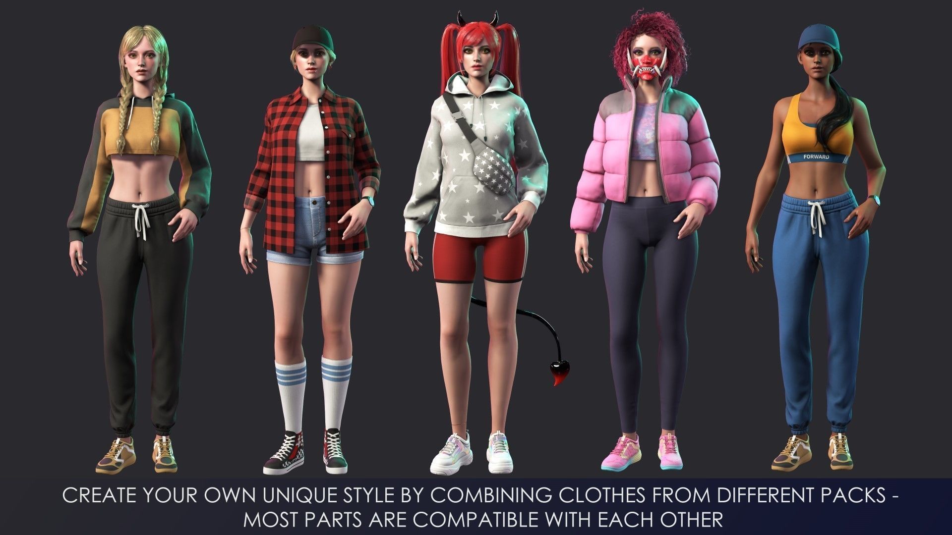 Casual Wear Girls Pack 3-Streetwear Realistic Stylized Character Low-poly 3D model_13