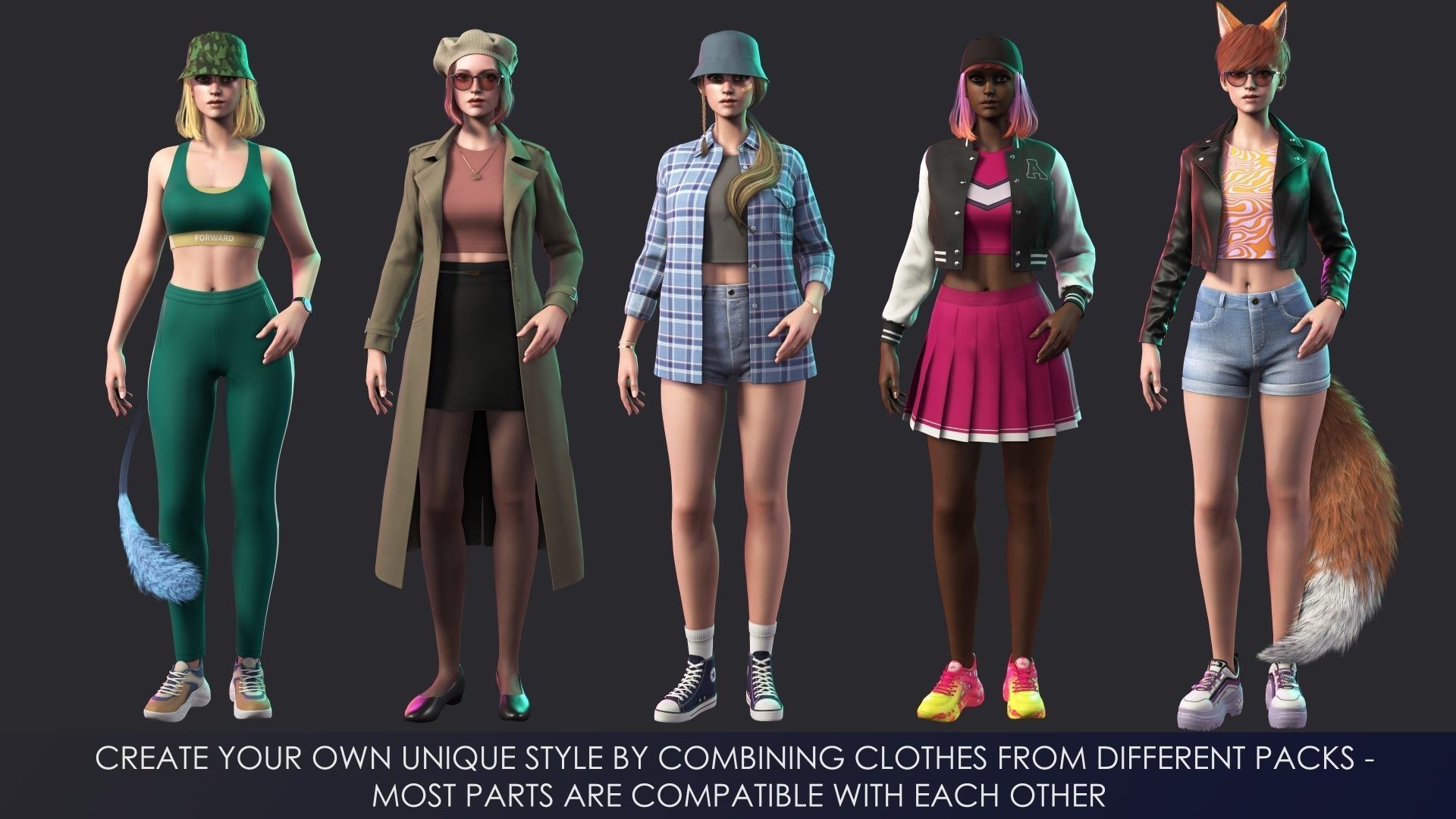 Casual Wear Girls Pack 3-Streetwear Realistic Stylized Character Low-poly 3D model_16