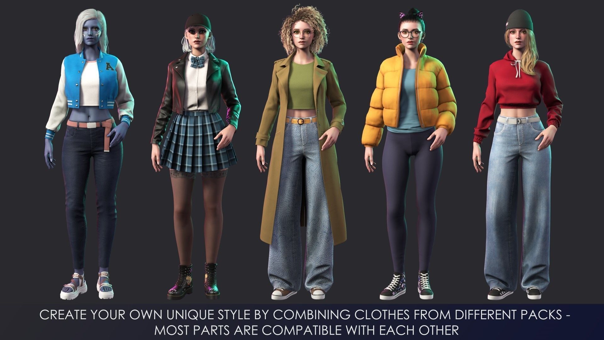 Casual Wear Girls Pack 3-Streetwear Realistic Stylized Character Low-poly 3D model_15