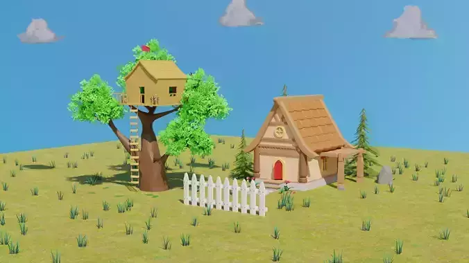 Low Poly Tree House Scene with Vibrant Colors for Kids
