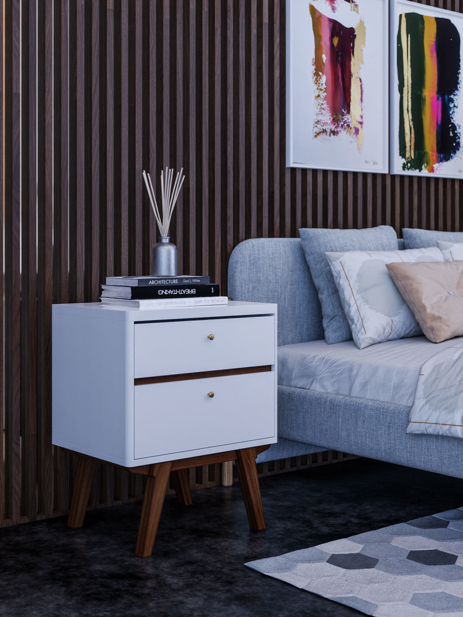 Retro White And Brown 2 Drawer Nightstand 3D model_10