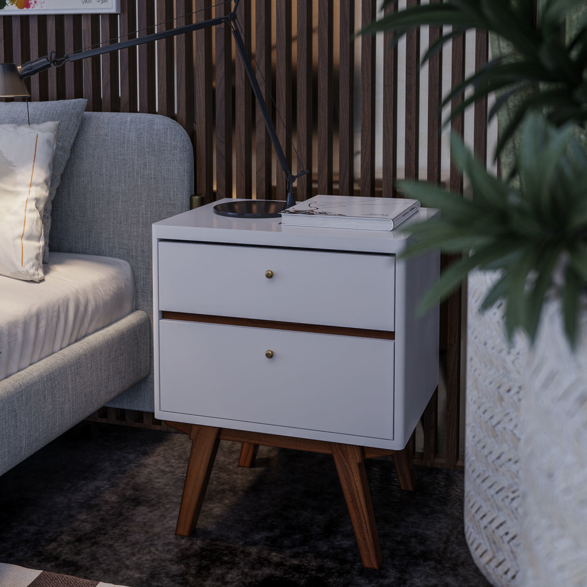 Retro White And Brown 2 Drawer Nightstand 3D model_2