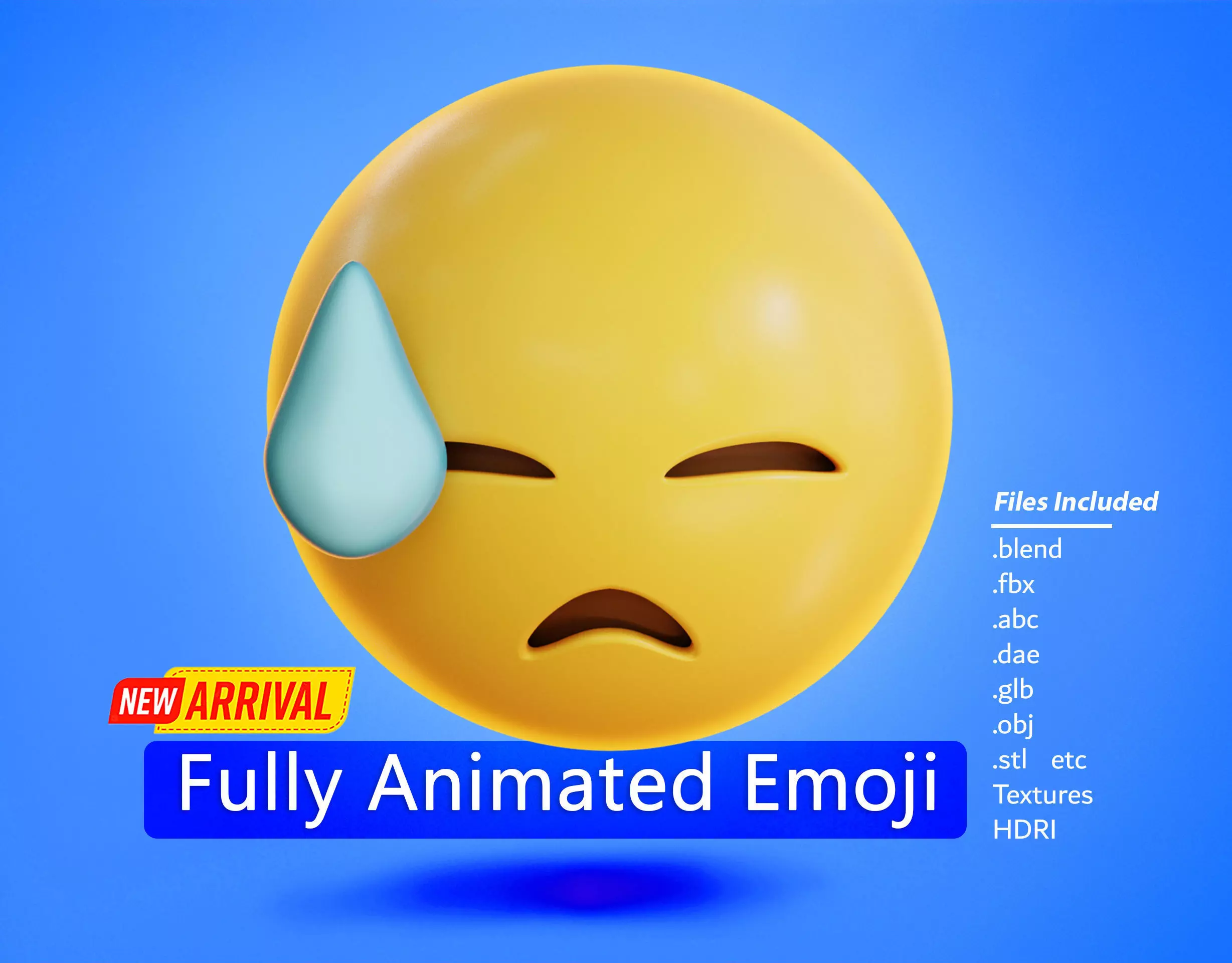 Downcast face with Sweat Animated Emoji Low-poly 3D model_0