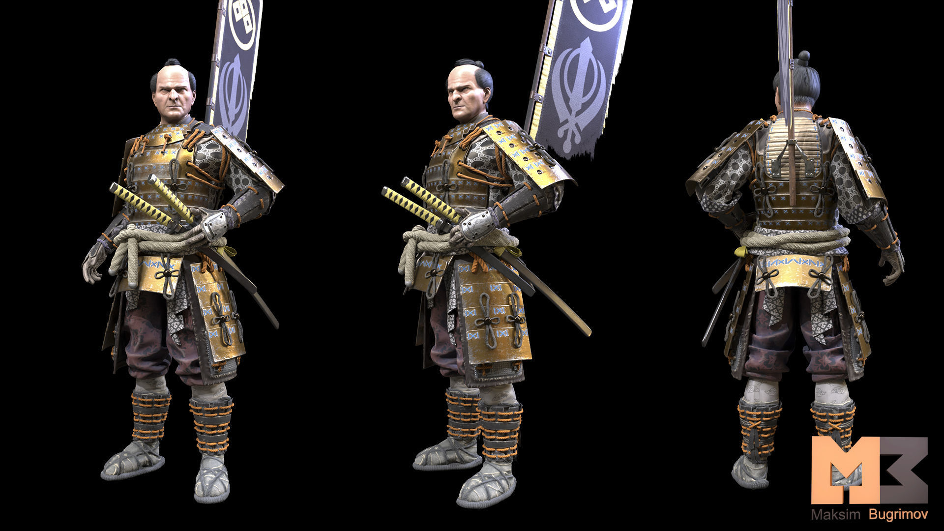 SAMURAI three swords Low-poly 3D model_6