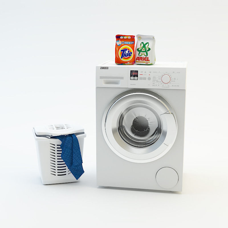 Washing machine Laundry basket  Washing powder 3D model_0